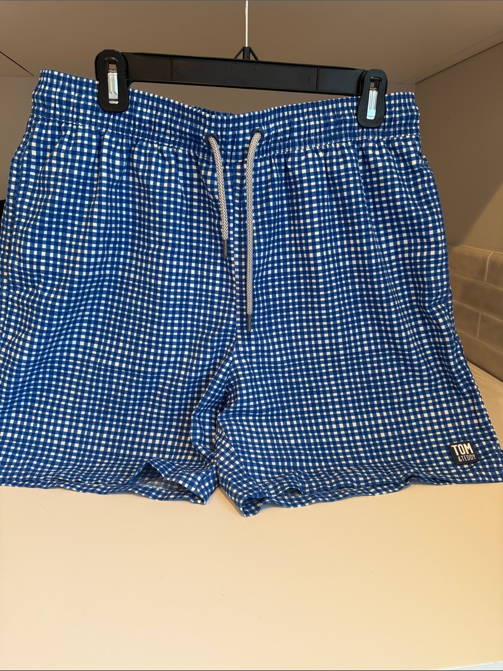 Tom & Teddy Blue & White Gingham Swim Shorts with Tom & Teddy Patch